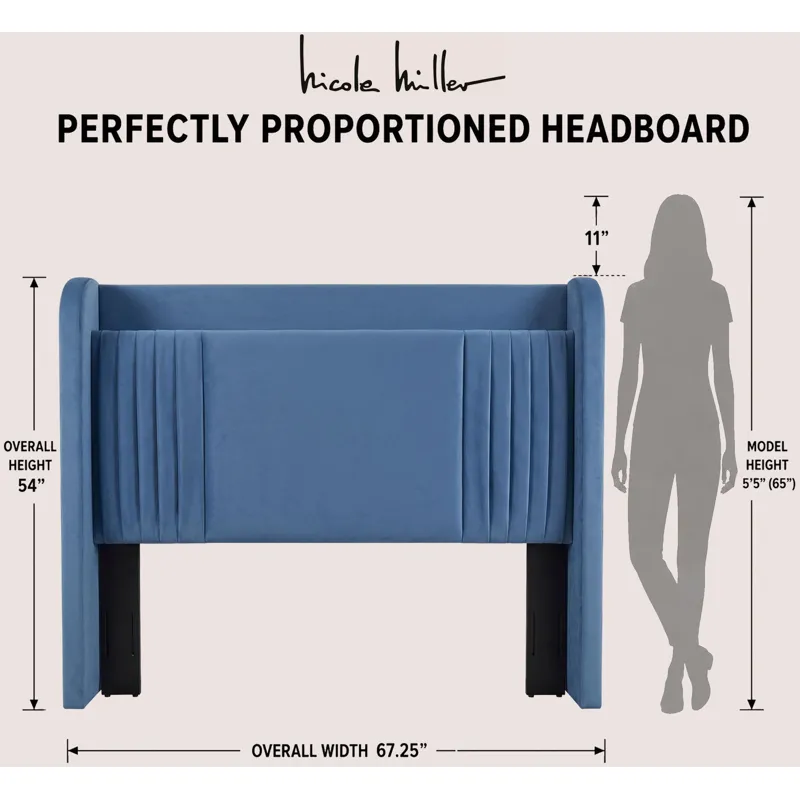 Nicole Miller Corvina Full/Queen Ruched Velvet Headboard with Built-In AC Power, USB & USB-C Charging - Full/Queen - Slate Blue