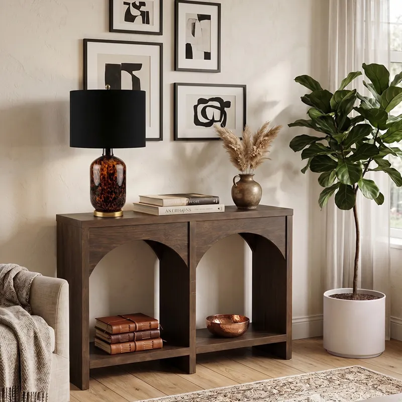 Nicole Miller Bellcourt Arch Wood Console Table with Double-Arch Open Shelves - Walnut Brown