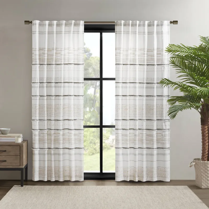 Nea Cotton Printed Curtain Panel with Tassel Trim and Lining - Off White/Gray