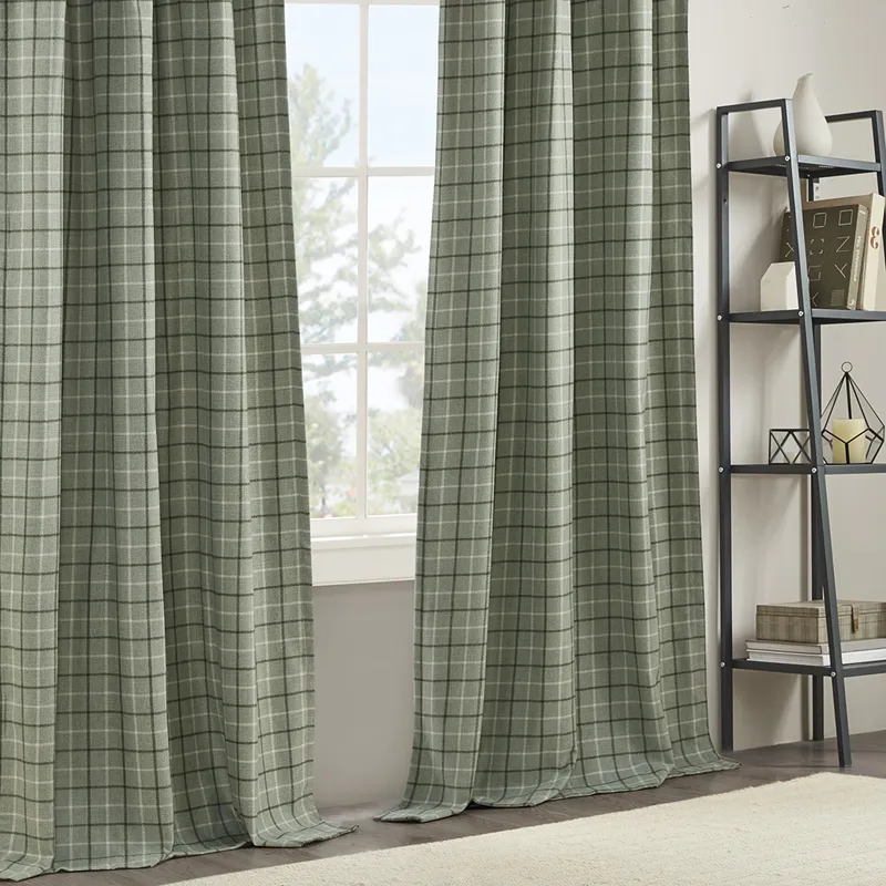 Anaheim Plaid Faux Leather Tab Top Curtain Panel with Fleece Lining - Green