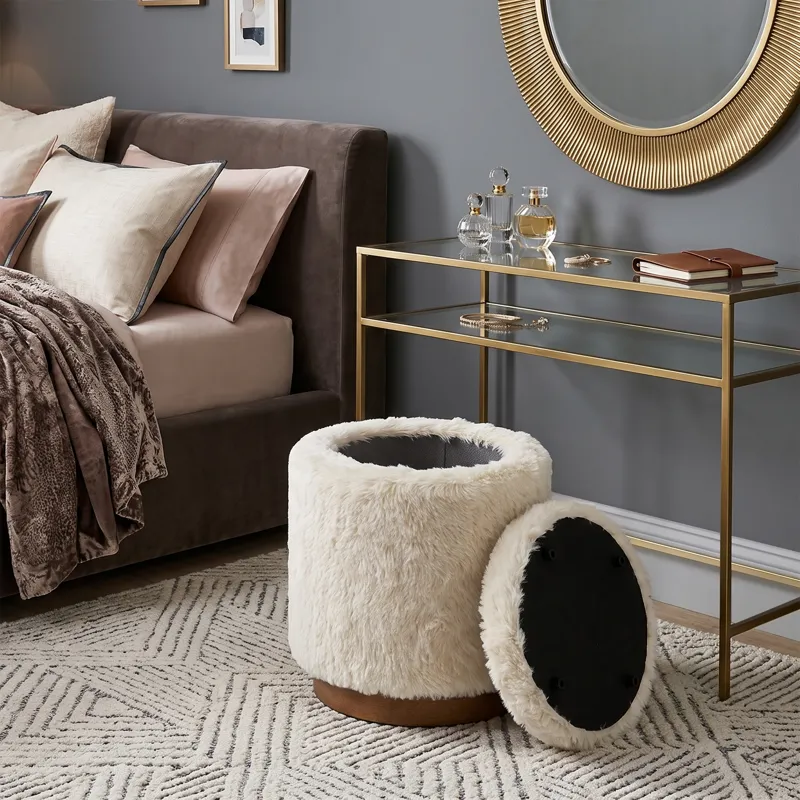 Nicole Miller Frost Faux Fur Round Storage Ottoman with Wood Plinth - Cream