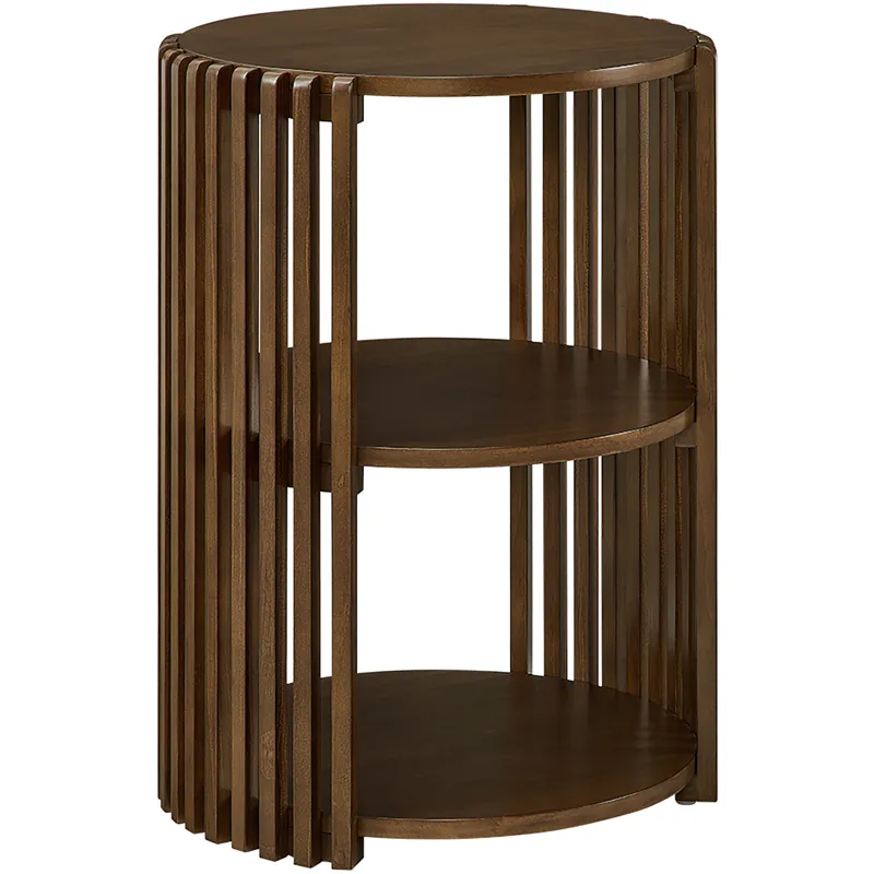 INK+IVY Wyatt Round Slatted Wood End Table with 2-Tier Open Storage - Honey Brown