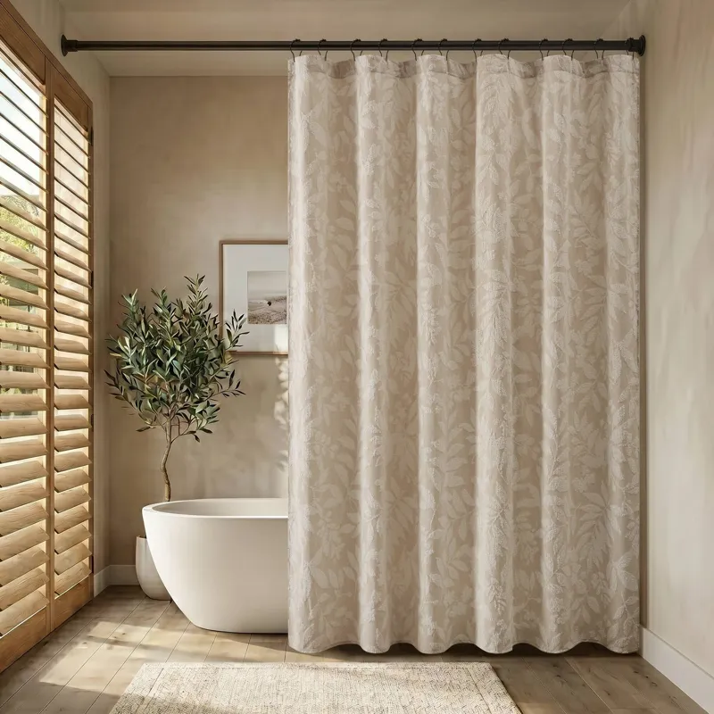 Harbor House Blue Solace Leaf Cotton Blend Botanical Jacquard Shower Curtain - Beige