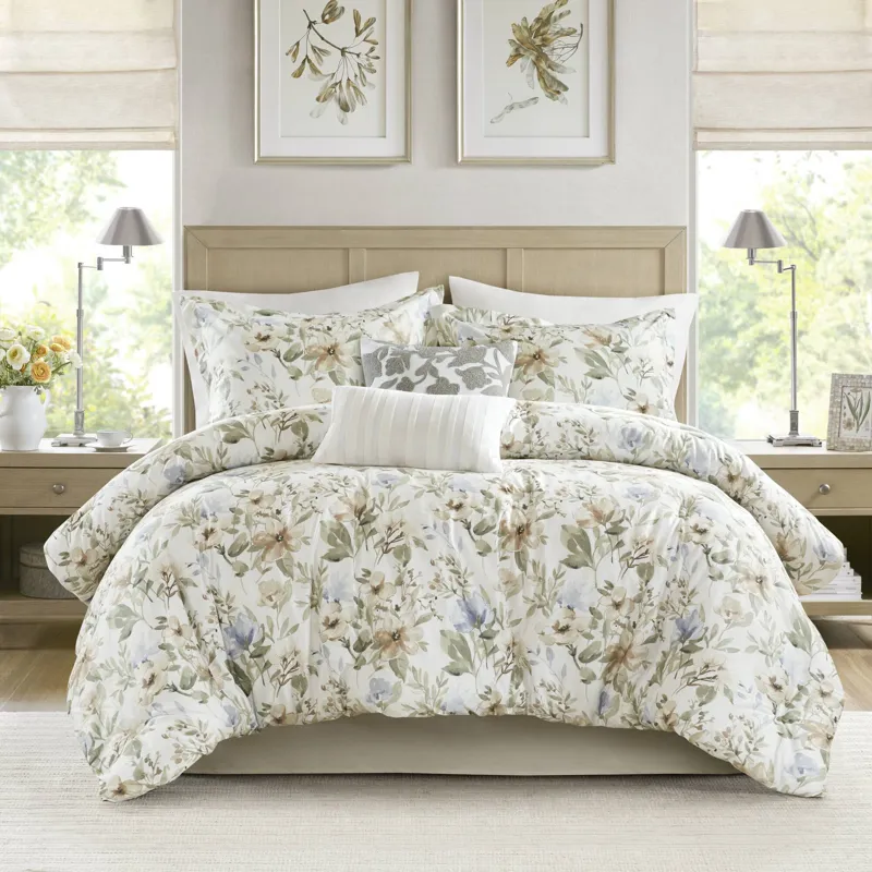 Harbor House Blue Herbal 6 Piece Cotton Sateen Print Oversized Comforter Set
