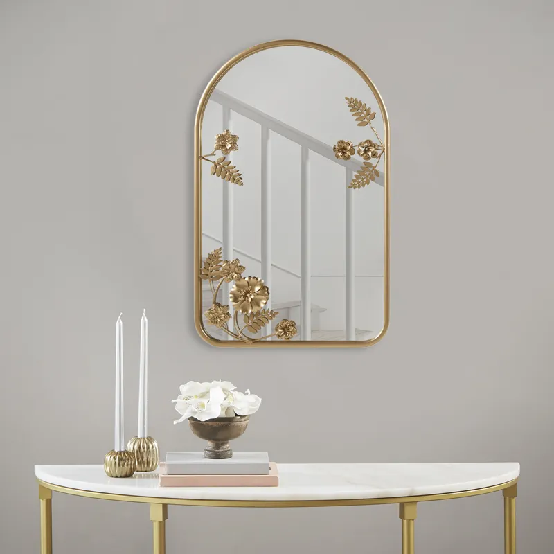 Adaline Arched Metal Floral Wall Mirror - Gold