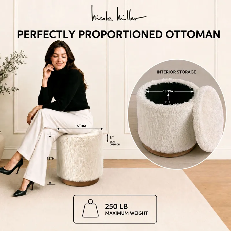 Nicole Miller Frost Faux Fur Round Storage Ottoman with Wood Plinth - Cream