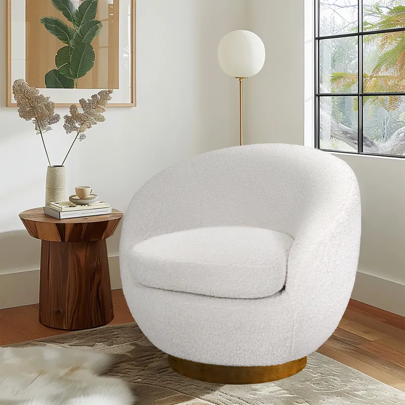 Jessel Shearling Sherpa Swivel Chair with Wood Base - Cream