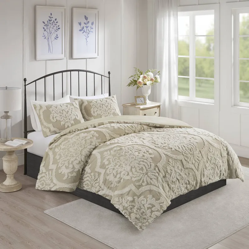 Madison Park Viola 3 Piece Tufted Cotton Chenille Damask Duvet Cover Set