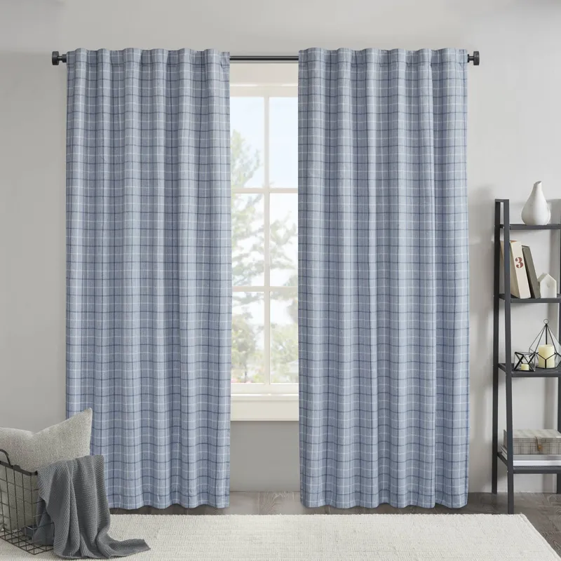 Anaheim Plaid Rod Pocket and Back Tab Curtain Panel with Fleece Lining - Denim Blue