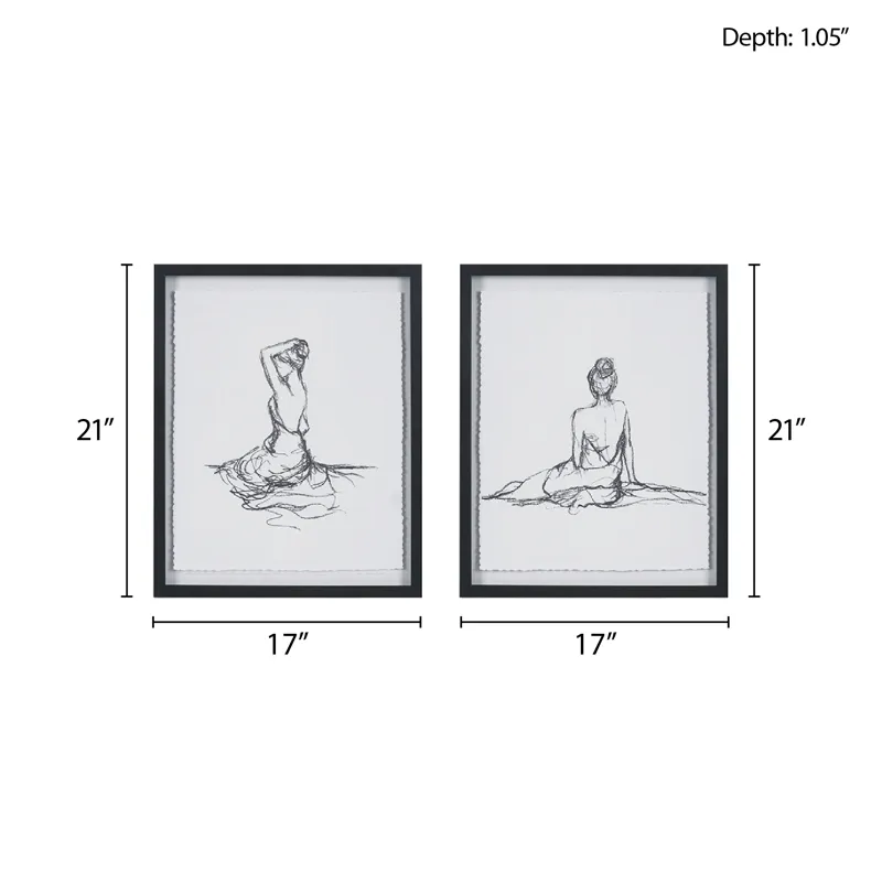 Madison Park Feminine Figures Sketch 2-piece Framed Glass and Matted Wall Art Set - Black/White
