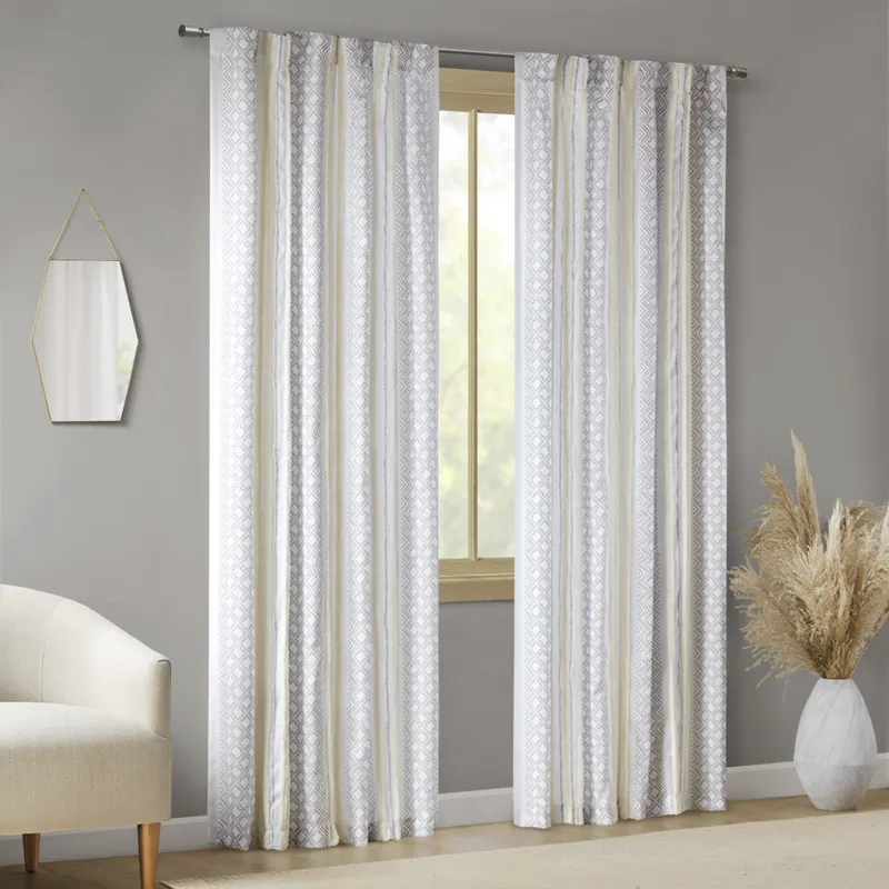 Ebby 2pk Poly Printed Curtain Panel with Tufted Stripe - White/Taupe