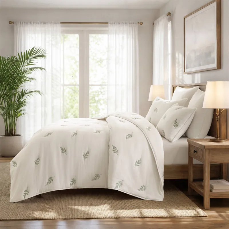 Harbor House Blue Willow Embroidered Botanical 100% Cotton Lightweight 3 Piece Quilt Set