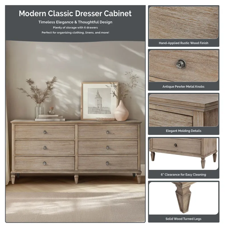 Victoria 6-drawer wood dresser (70\") - Antique Brown