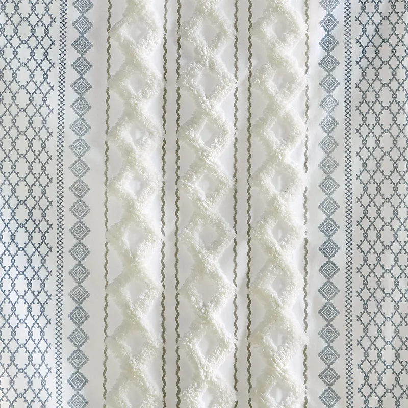 Imani Cotton Printed Curtain Panel with Chenille Stripe and Lining - White/Navy