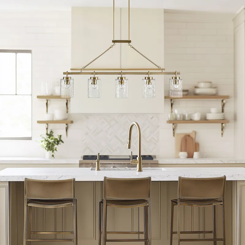 Curiana 5-light Linear Chandelier with Textured Glass Shades - Antique Brass