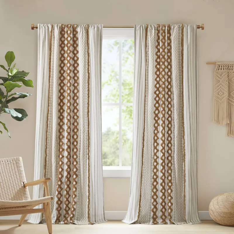 INK+IVY Imani Cotton Printed Curtain Panel with Chenille Stripe and Lining