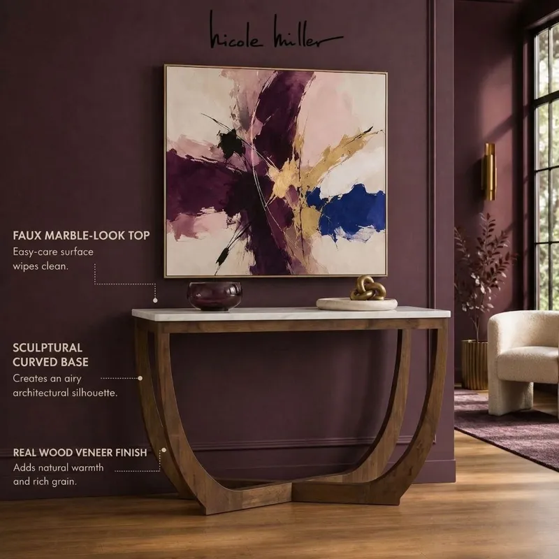 Nicole Miller Calvedra Curve Marble-Look Console Table with Curved Walnut Wood Legs - White Marble/Walnut