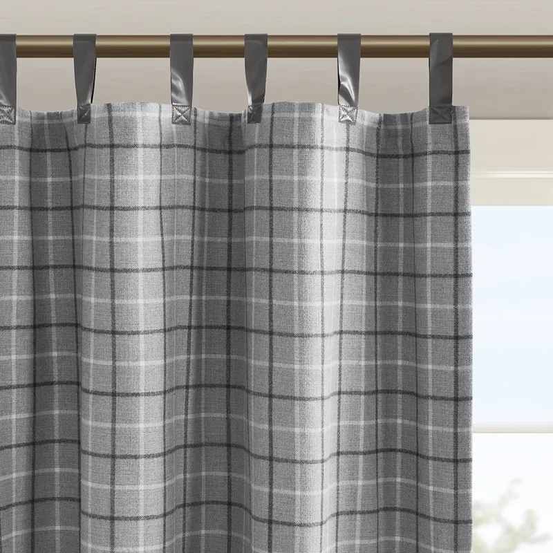 Anaheim Plaid Faux Leather Tab Top Curtain Panel with Fleece Lining - Grey