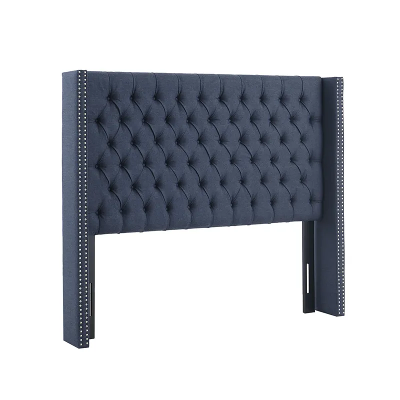 Amelia Queen Upholstered Wingback Headboard with Button Tufting & Nailhead Trim - Navy