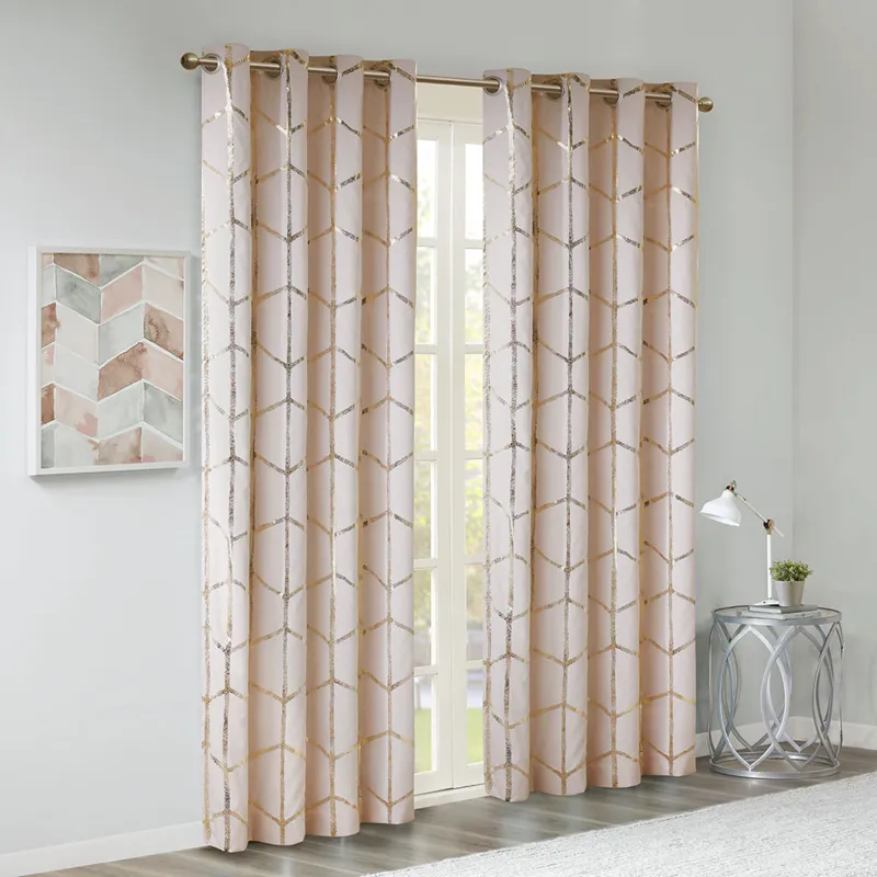 Raina Total Blackout Metallic Print Grommet Top Curtain Panel - Blush/Gold