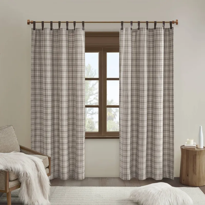 Madison Park Anaheim Plaid Faux Leather Tab Top Curtain Panel with Fleece Lining