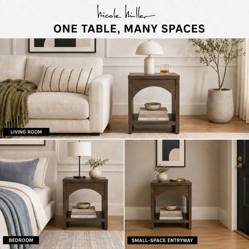 Nicole Miller Bellcourt Arch Wood End Table with Arched Open Shelf - Walnut Brown