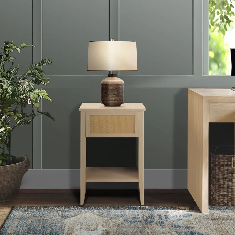 Lennox Rattan Accent Side Table with Drawer Storage & Lower Open Shelf - Natural