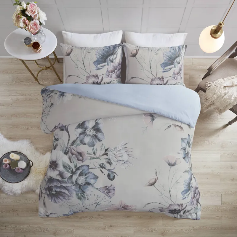 Cassandra King/California King 3 Piece Cotton Printed Duvet Cover Set - Blue