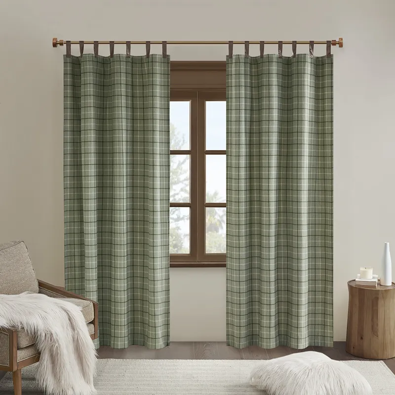 Anaheim Plaid Faux Leather Tab Top Curtain Panel with Fleece Lining - Green