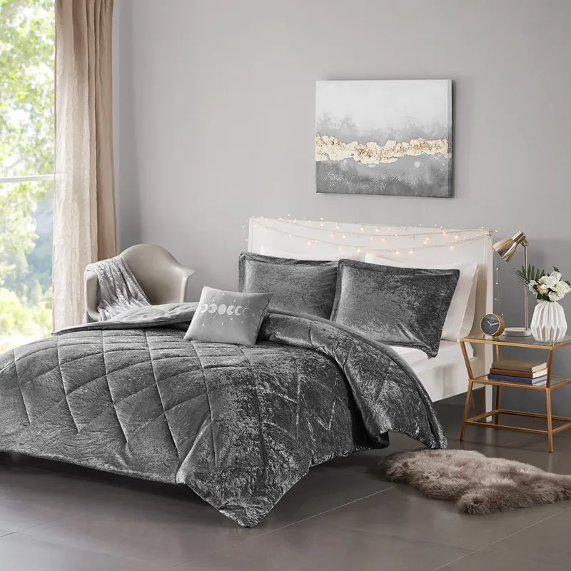 Felicia King/California King Velvet Comforter Set with Throw Pillow - Grey