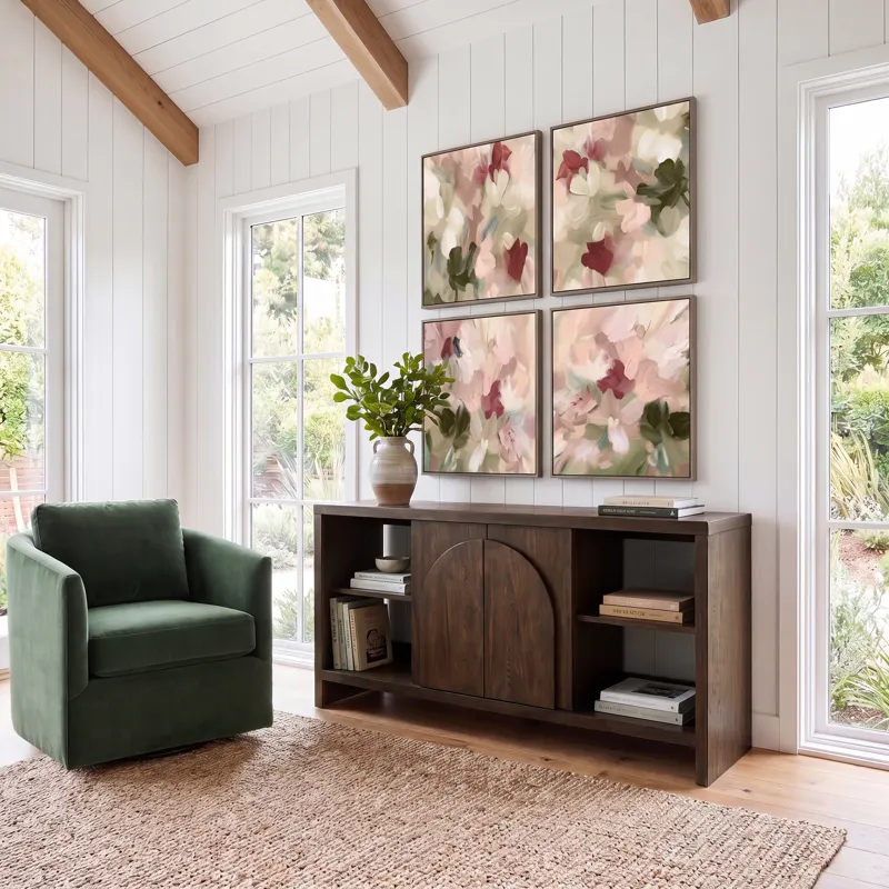 Nicole Miller Bellcourt Arch Media Console with Arched Door Storage & Open Shelves - Walnut Brown