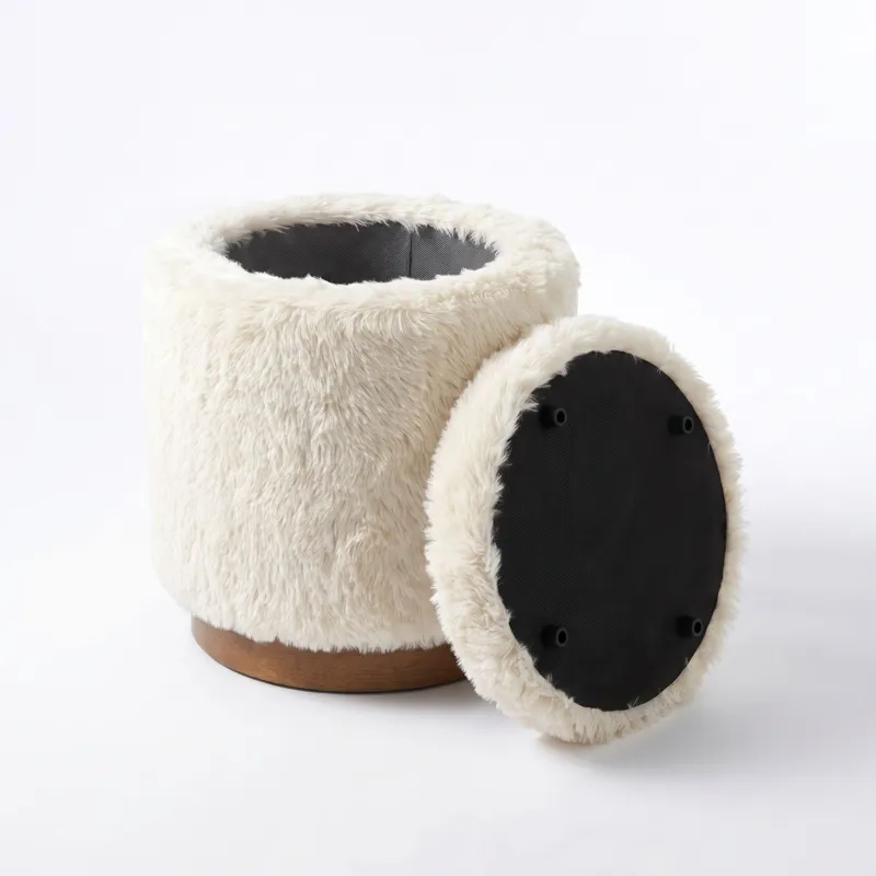 Nicole Miller Frost Faux Fur Round Storage Ottoman with Wood Plinth - Cream