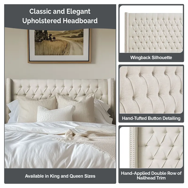 Amelia Queen Upholstered Wingback Headboard with Button Tufting & Nailhead Trim - Navy
