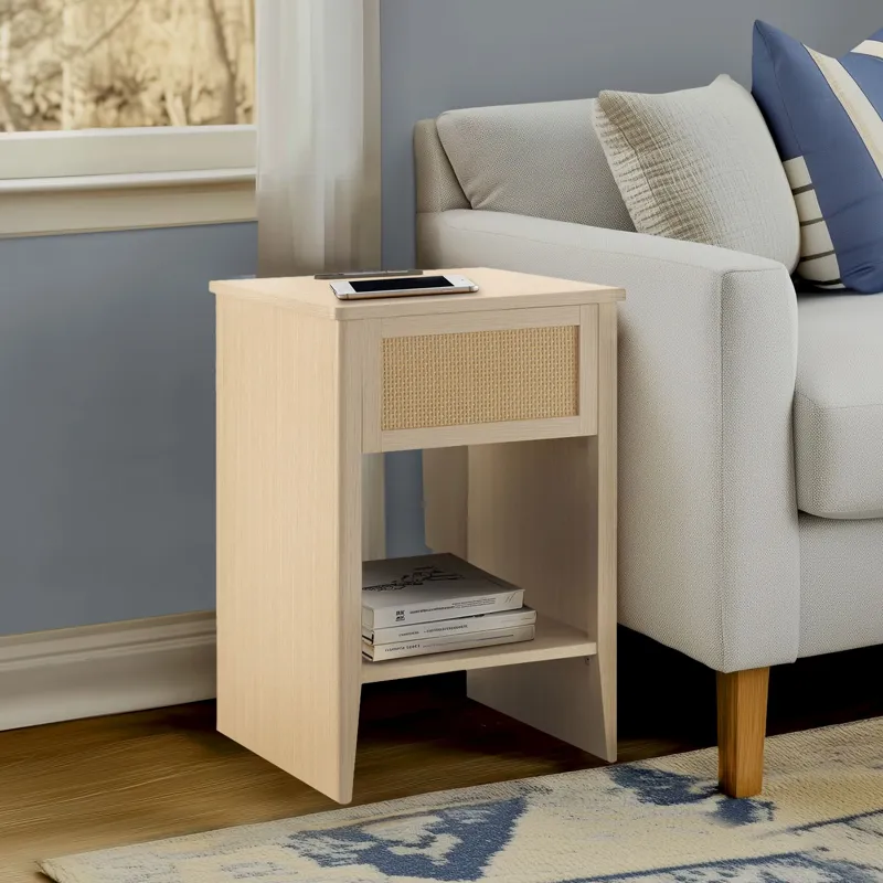 Lennox Rattan Accent Side Table with Drawer Storage & Lower Open Shelf - Natural