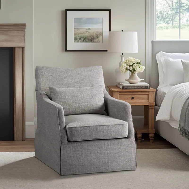 London London Upholstered Skirted Swivel Armchair with Lumbar Pillow - Grey