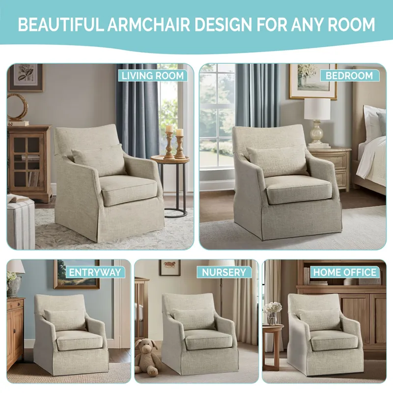 London London Upholstered Skirted Swivel Armchair with Lumbar Pillow - Beige Multi