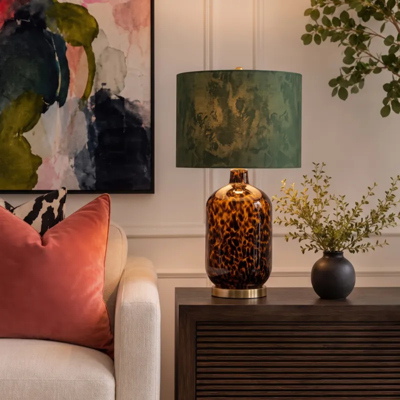 Nicole Miller Roux Leopard Pattern Glass Table Lamp