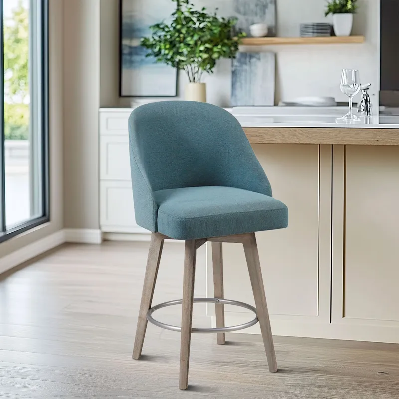 Pearce Pearce Swivel Upholstered Counter Stool with Solid Wood Legs & Metal Footrest - Blue