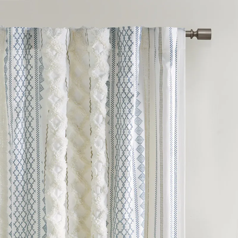 Imani Cotton Printed Curtain Panel with Chenille Stripe and Lining - White/Navy