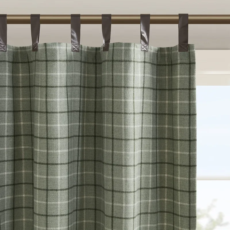 Anaheim Plaid Faux Leather Tab Top Curtain Panel with Fleece Lining - Green
