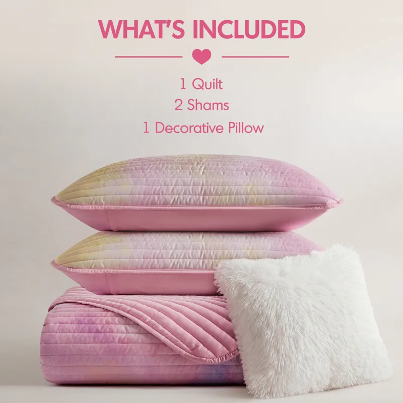 Intelligent Design Cassiopeia Watercolor Tie Dye Printed Quilt Set with Throw Pillow