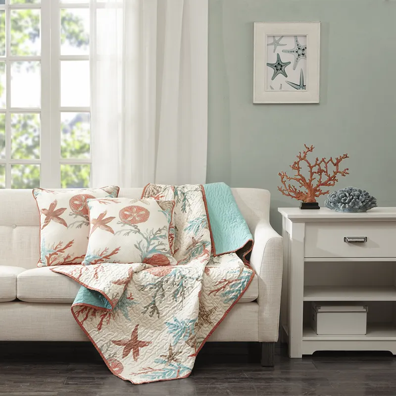 Madison Park Pebble Beach Oversized Cotton Quilted Throw - Coral