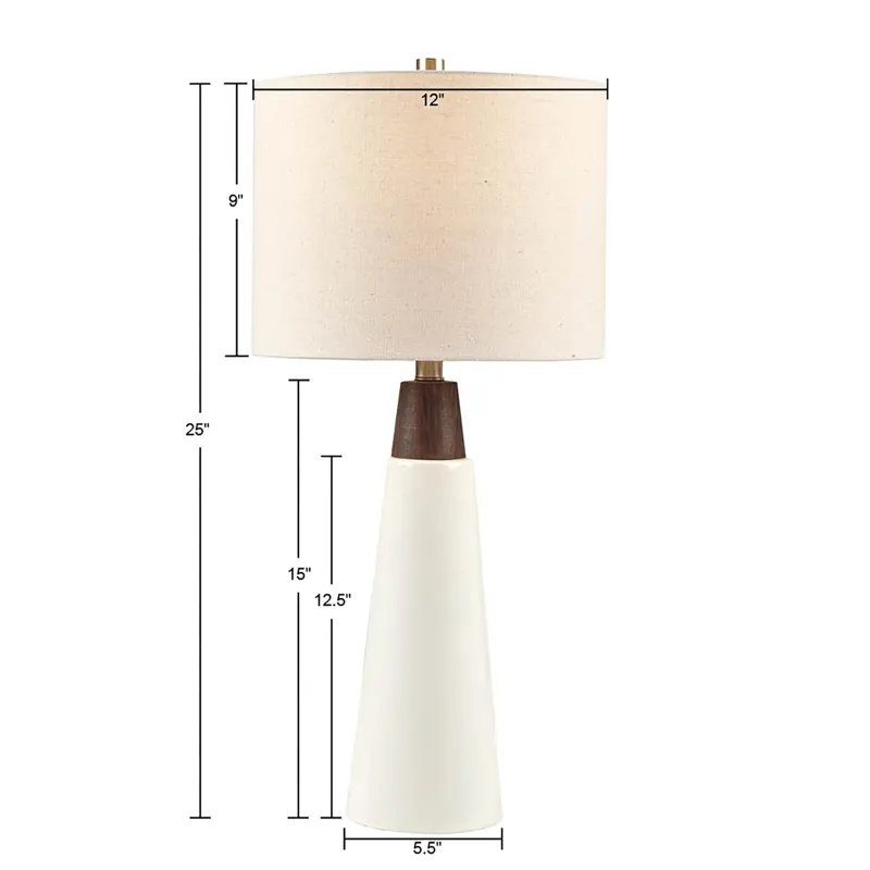 Tristan Triangular Ceramic and Wood Table Lamp - White Base/Cream Shade