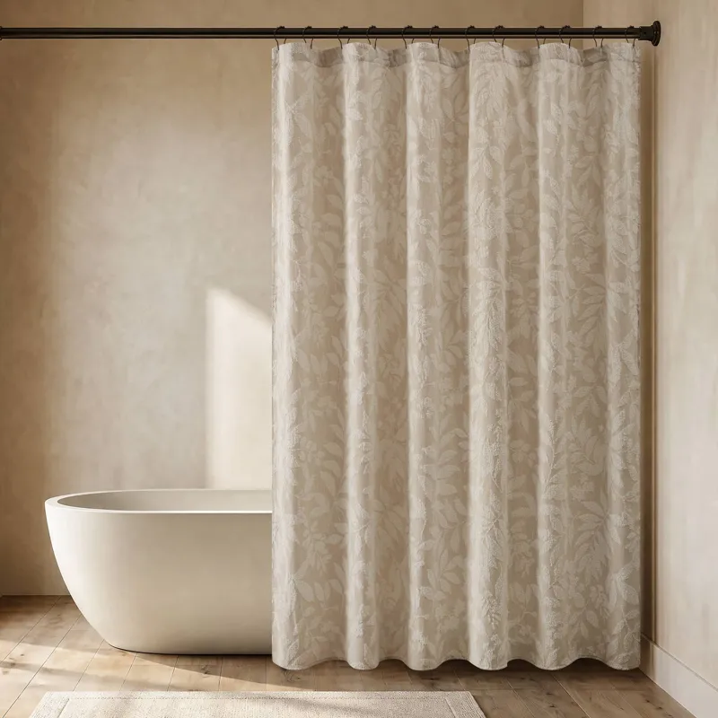 Harbor House Blue Solace Leaf Cotton Blend Botanical Jacquard Shower Curtain - Beige