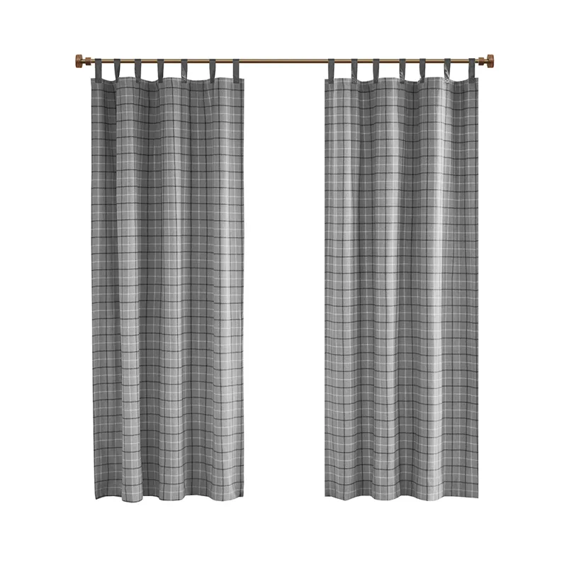Anaheim Plaid Faux Leather Tab Top Curtain Panel with Fleece Lining - Grey