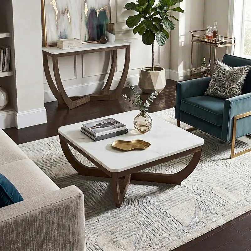 Nicole Miller Calvedra Curve Marble-Look Coffee Table with Curved Walnut Wood Legs - White Marble/Walnut