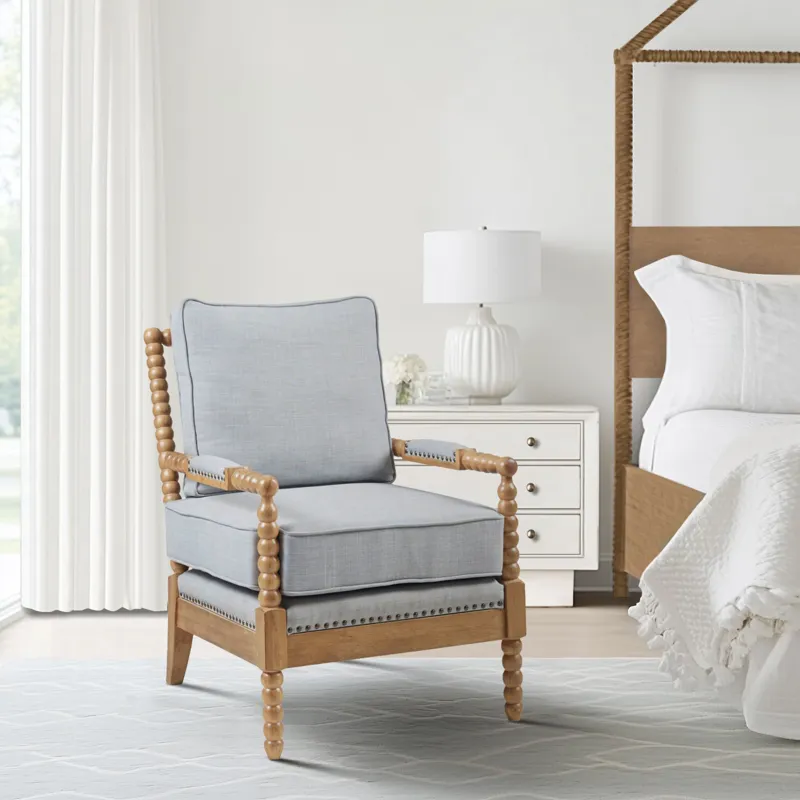 Donohue Turned Wood Frame Armchair - Light Blue/Camel Oak