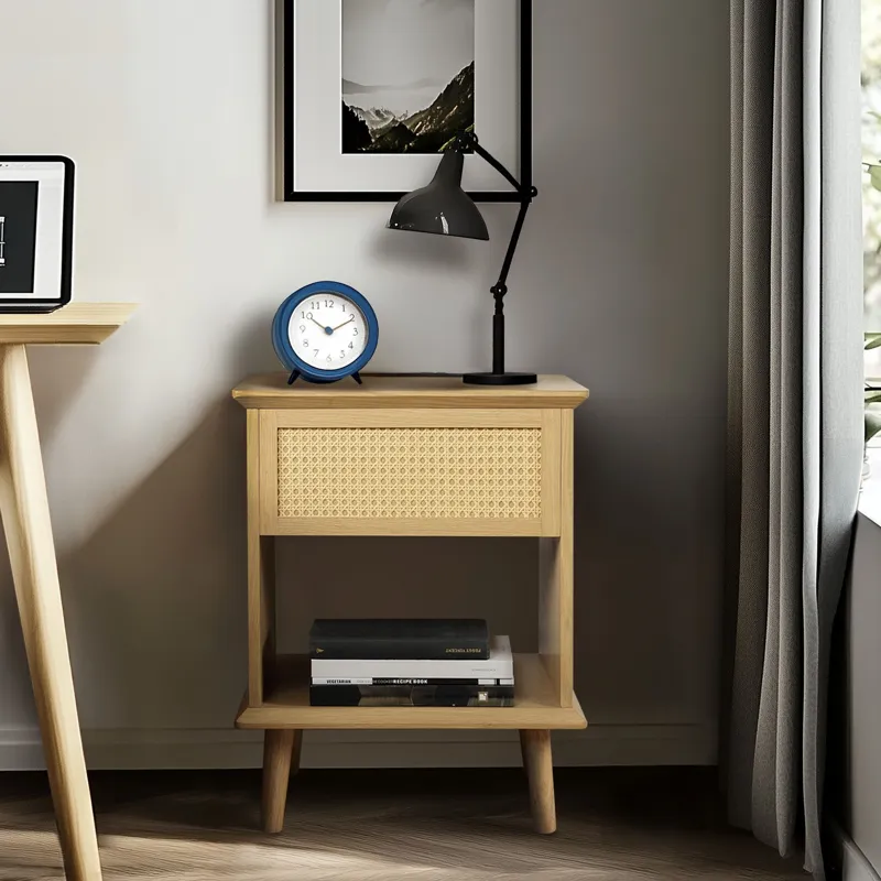 Teagan Rattan Accent Side Table with Drawer Storage & Lower Open Shelf - Natural