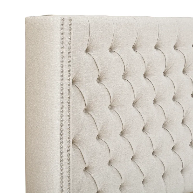 Amelia Queen Upholstered Wingback Headboard with Button Tufting & Nailhead Trim - Cream