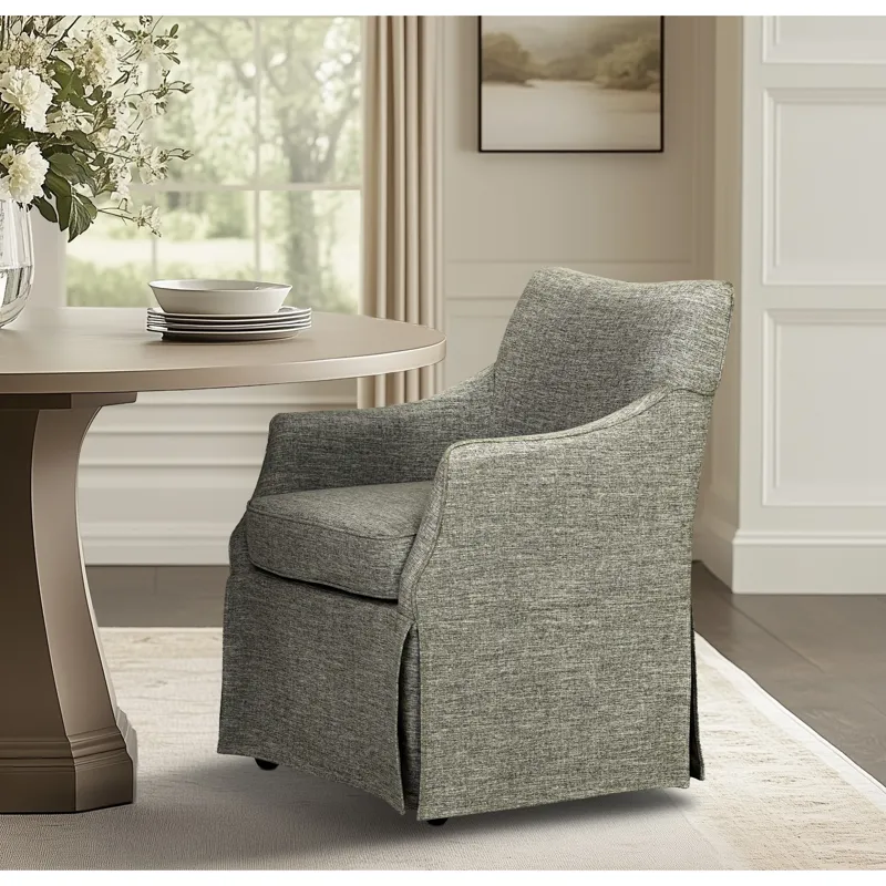 London Upholstered Skirted Dining Arm Chair with Hidden Casters - Grey